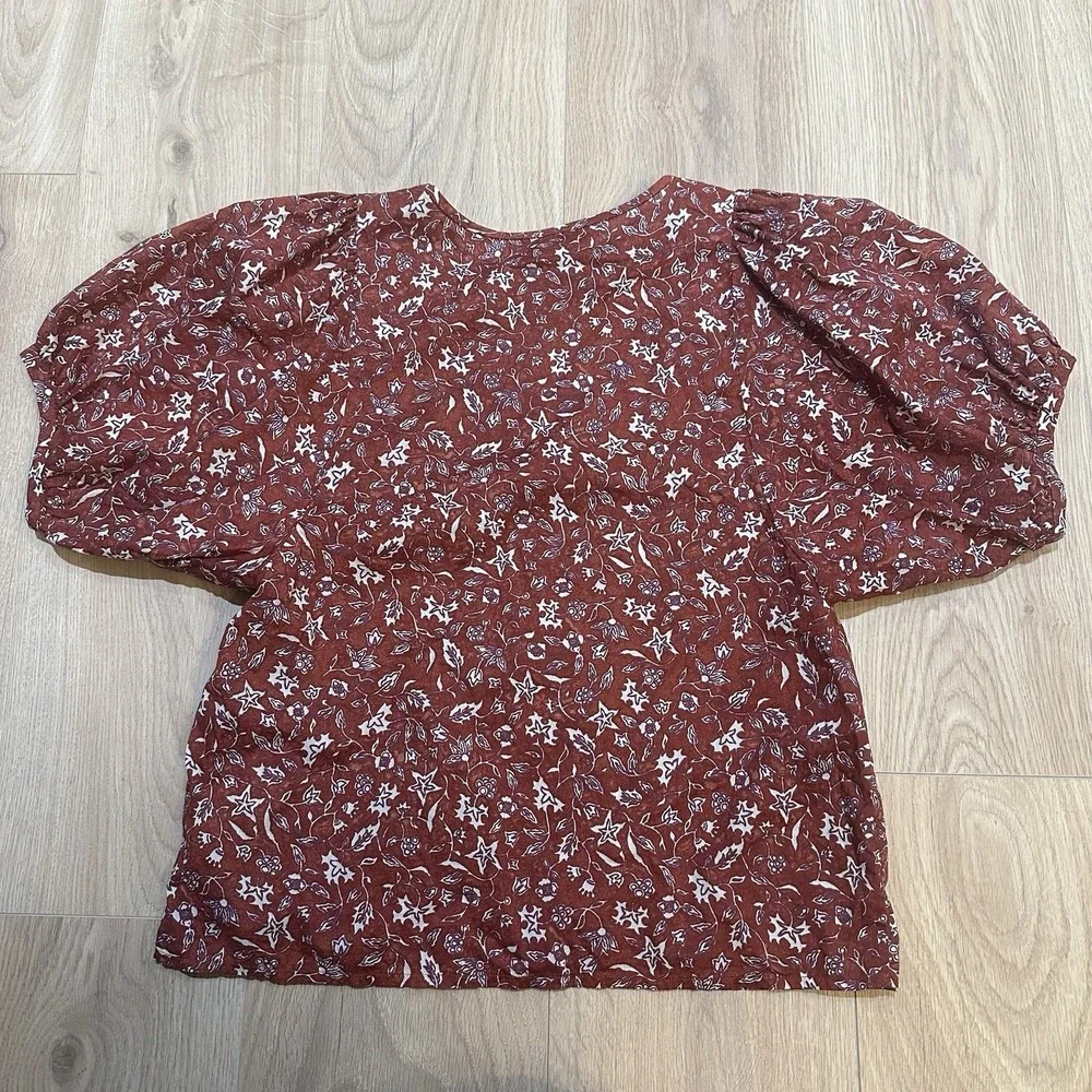 Madewell V-Neck Puff‎ Sleeve Top in Batik Vine Weathered Brick Sz S Peasant Top